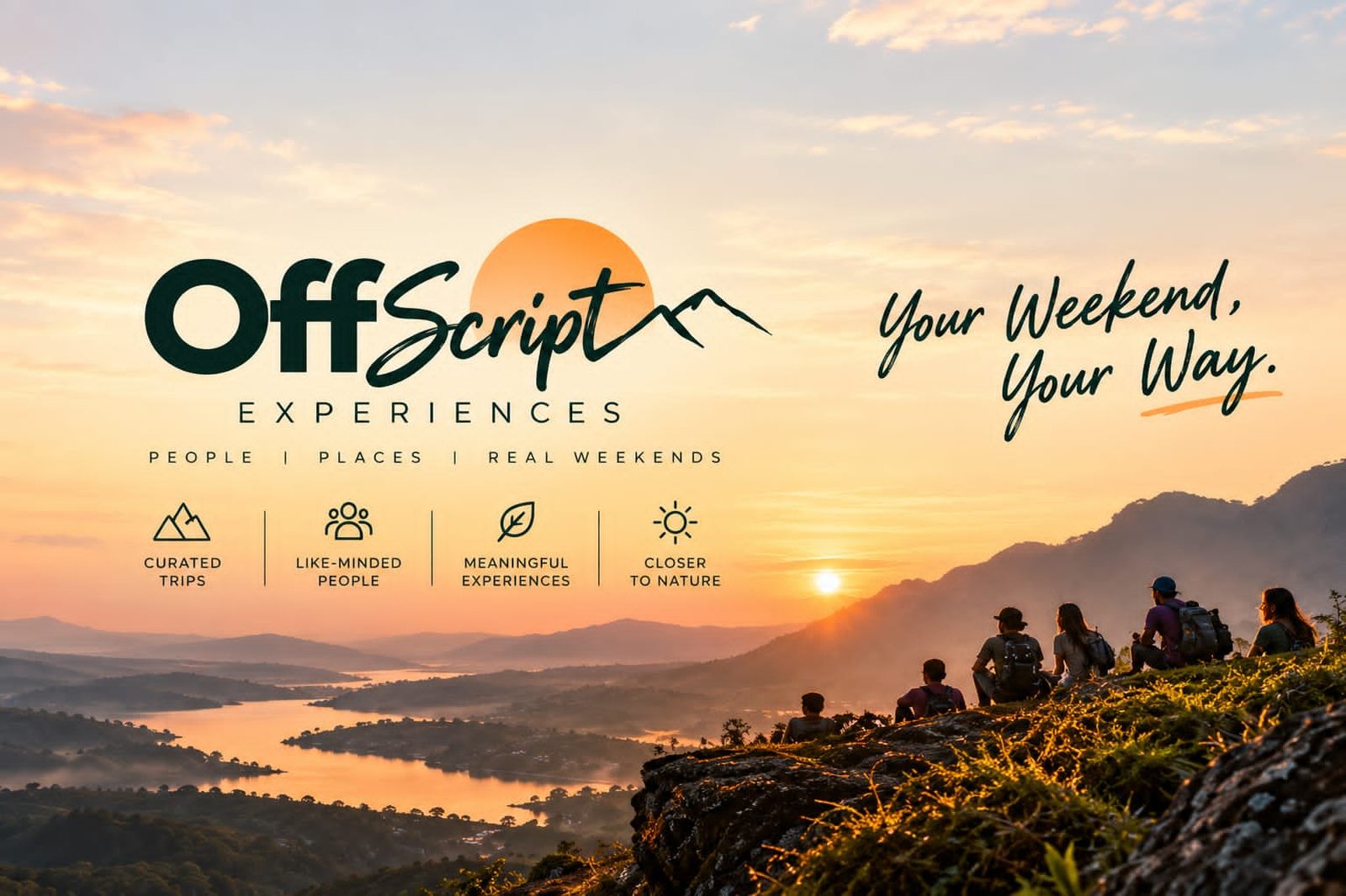 OffScript Experiences: a small group watching sunrise over a Sahyadri valley. Your weekend, your way.