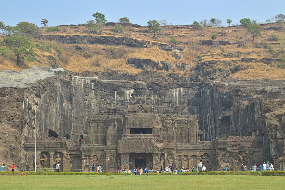 Kailasa Temple carved into the hillside at Ellora