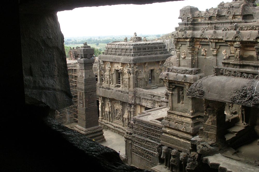 Looking down on the Kailasa Temple from a cave above