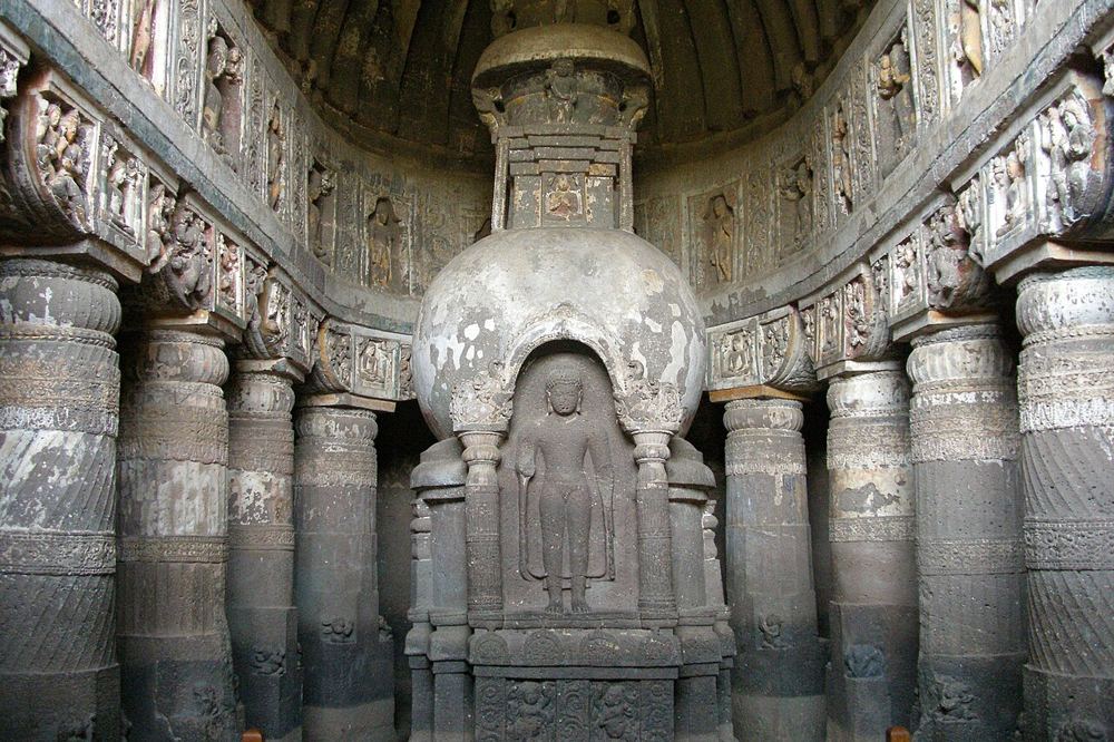 Inside a pillared prayer hall at Ajanta